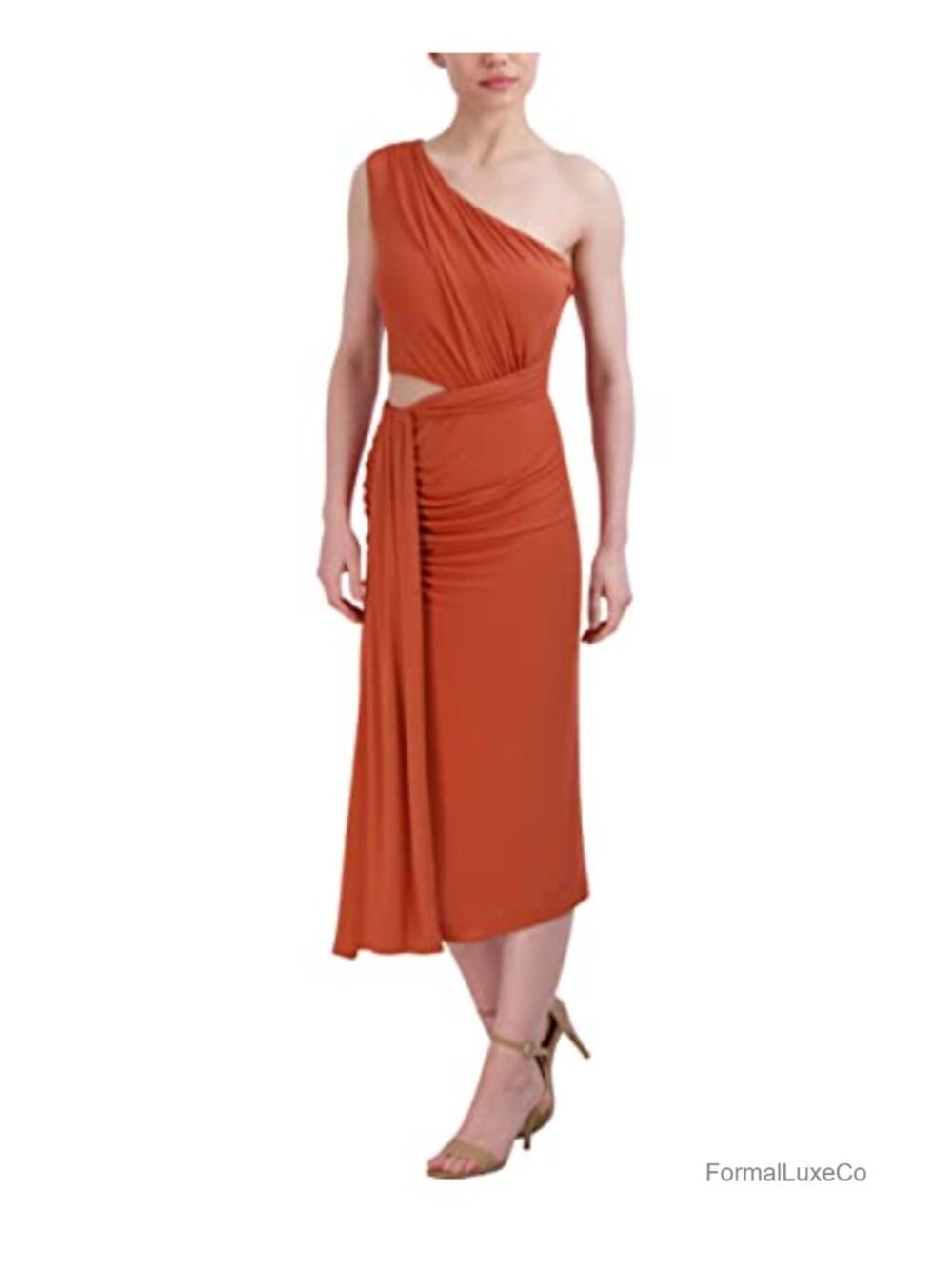 One Shoulder Jersey Cutout Midi Dress Sleeveless Wrap Fit High Waist